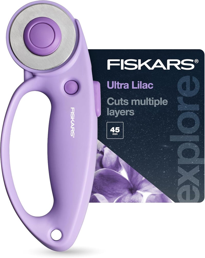 Fiskars قاطع دوار حلقي، مجموعة استكشاف ألترا ليلك، شفرة فولاذية مصقولة بدقة للأقمشة، اللباد والفينيل، 45 مم - Image 1